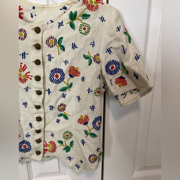 VTG 1960s FLORAL CREWEL EMBROIDERY CREAM LINEN CHILDREN HANDMADE BLOUSE TOP SZ S - Picture 12 of 14